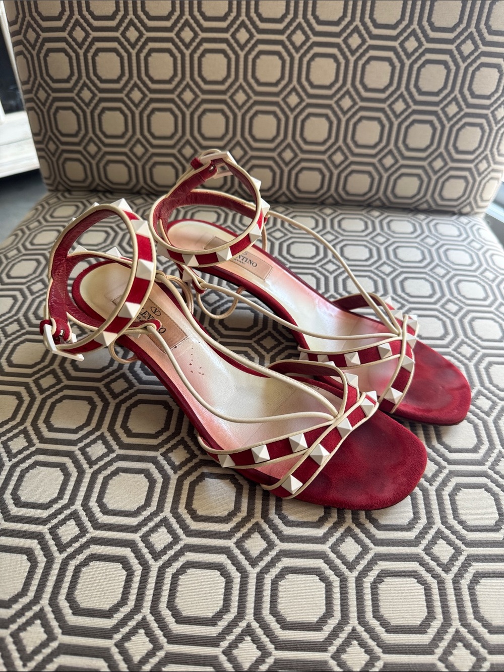 Valentino Red Suede Heel Sandals with Ivory Rockstud Trim